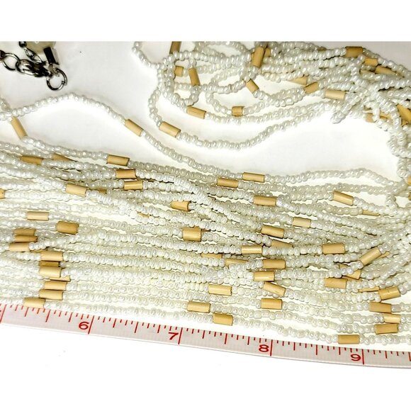Waterfall Necklace 16" White and Tan Glass Micro Bead 12 Strand Jewelry CT223 - Picture 5 of 5